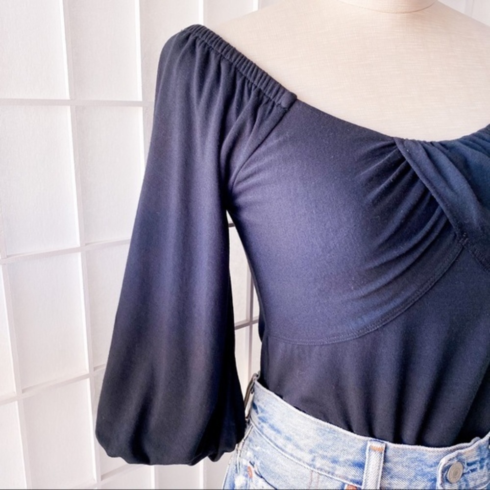 FREE PEOPLE Balloon Puffy 3/4 Sleeve Off the Shoulder Top Black - Picture 6 of 11